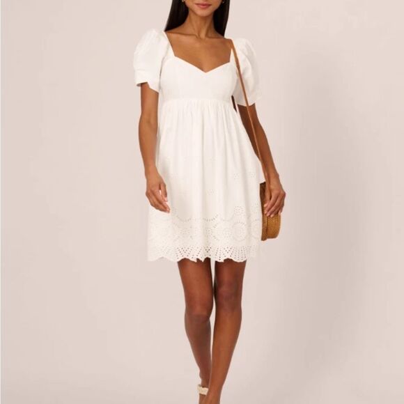 Adrianna Papell AD3D105543 Ivory Cotton Eyelet Puff Sleeve Fit & Flare Dress 14 - Picture 5 of 9